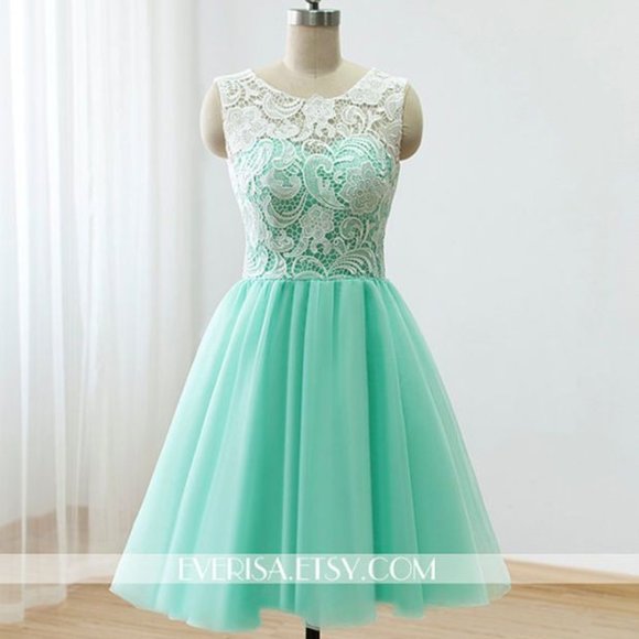 Short Lace Teal Tulle Grad Dress - Picture 3 of 7